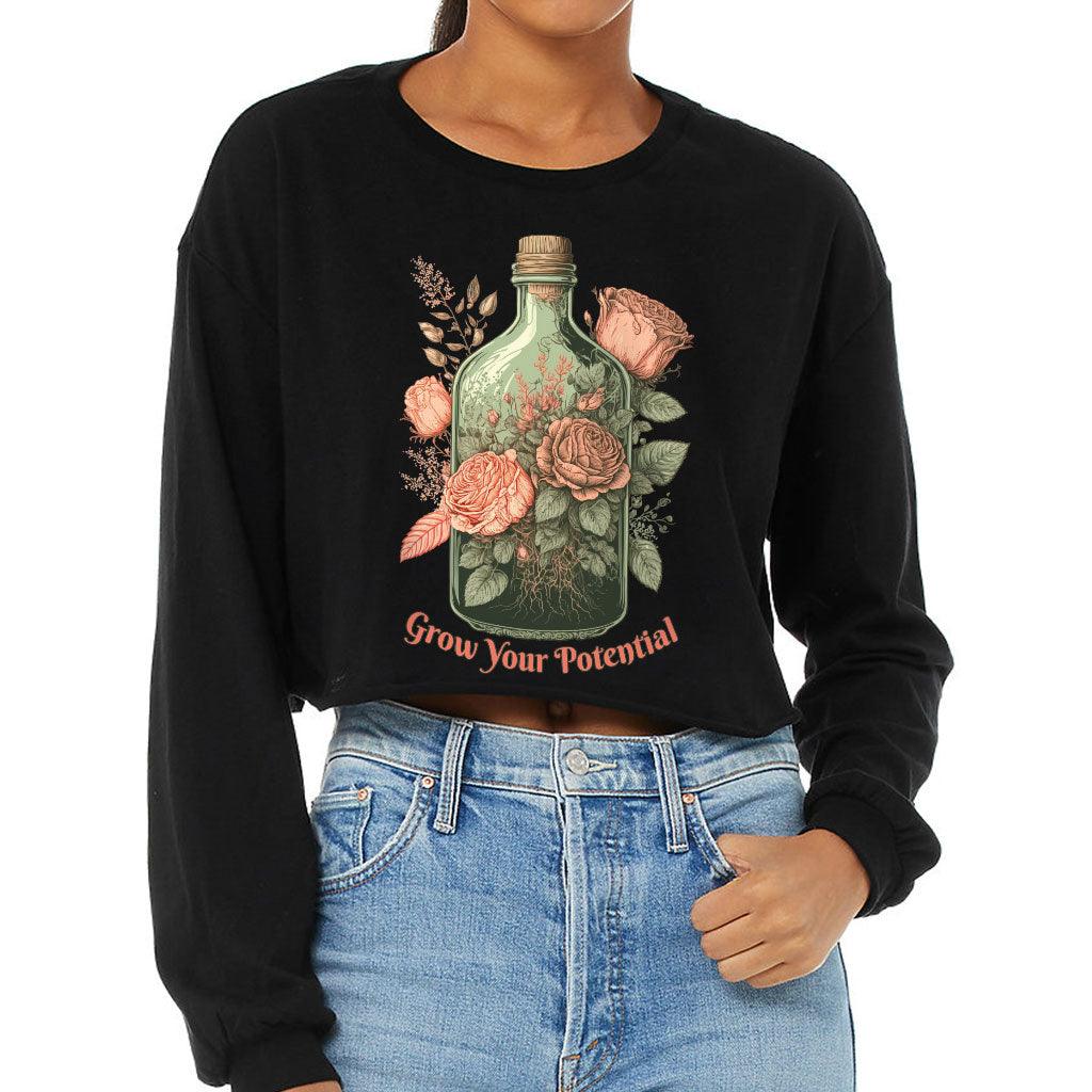 Roses Cropped Long Sleeve T-Shirt - Grow Your Potential Women's T-Shirt - Graphic Long Sleeve Tee