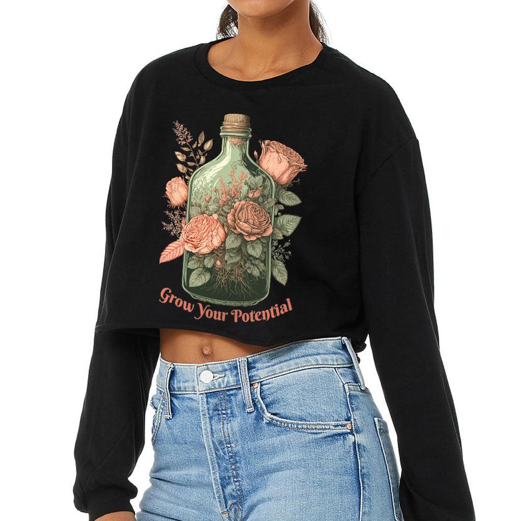 Roses Cropped Long Sleeve T-Shirt - Grow Your Potential Women's T-Shirt - Graphic Long Sleeve Tee